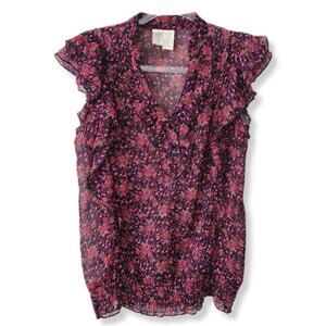 Women 90s Y2K Ruffle Black Floral Blouse Top M Sheer Dark Romance Whimsigoth